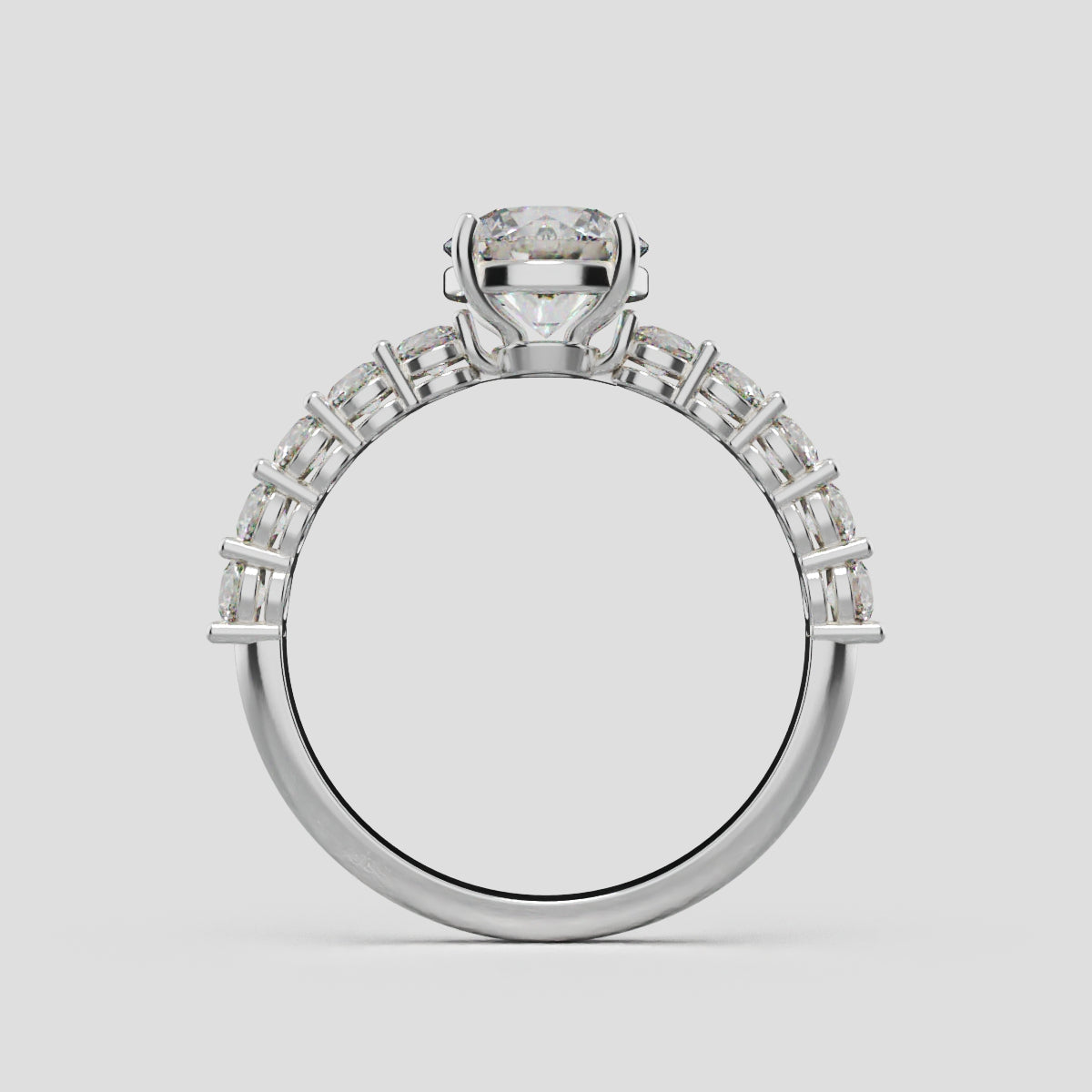 Sentiero, 1ct round lab grown diamond engagement ring, 2.5mm Side Stones, 18K white gold - through finger