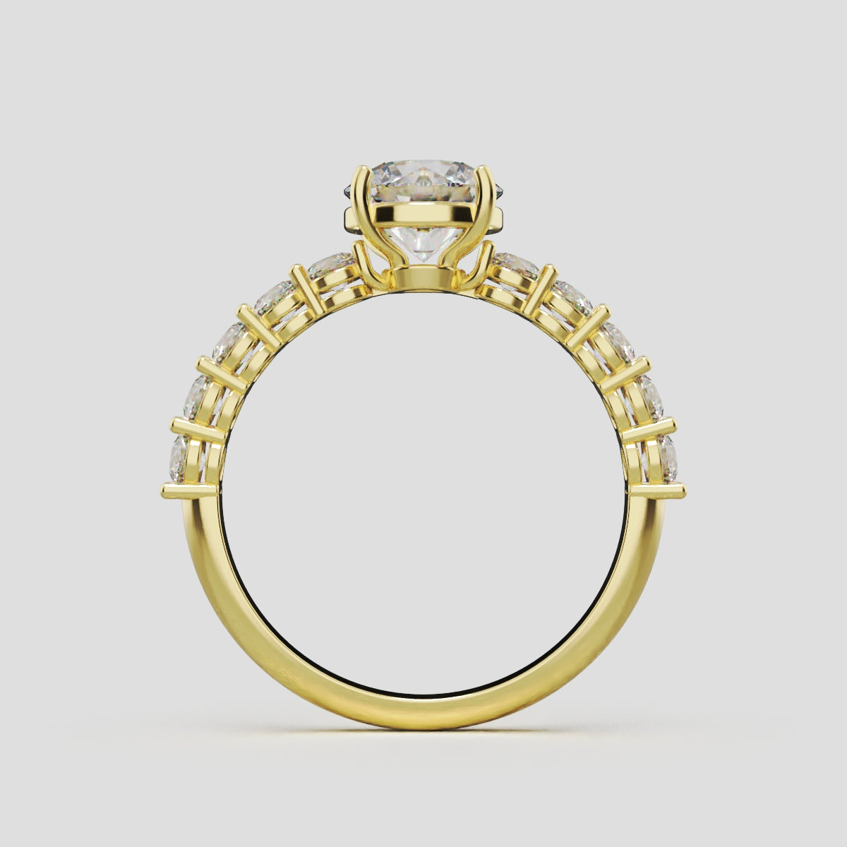 Sentiero, 1ct round lab grown diamond engagement ring, 2.5mm Side Stones, 18K yellow gold - through finger