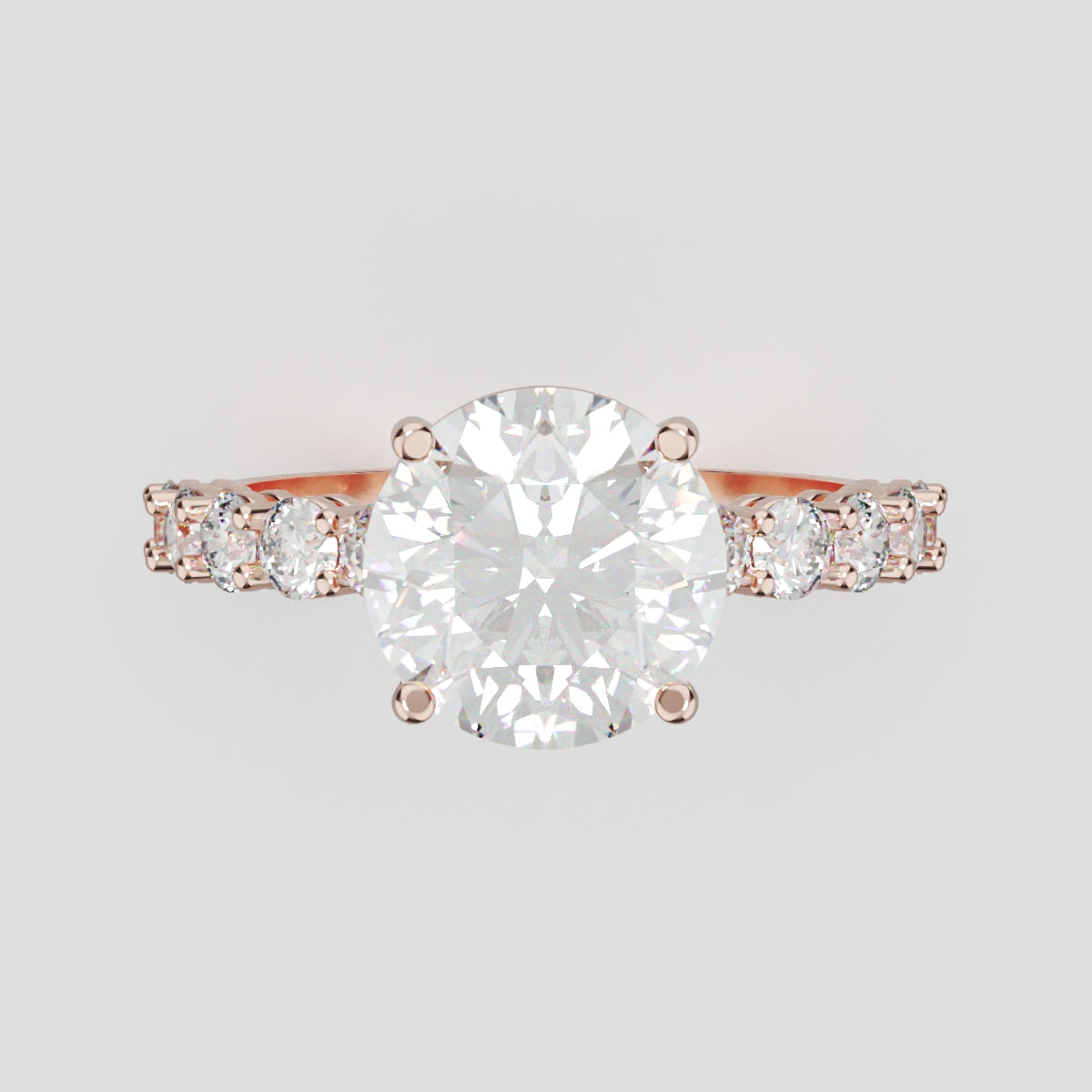 Sentiero, 2ct round lab grown diamond engagement ring, 2.5mm Side Stones, 18K rose gold - front view