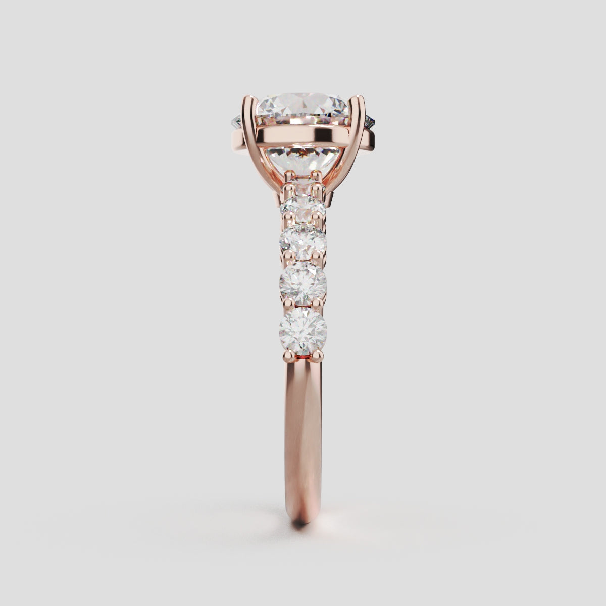 Sentiero, 2ct round lab grown diamond engagement ring, 2.5mm Side Stones, 18K rose gold - side view