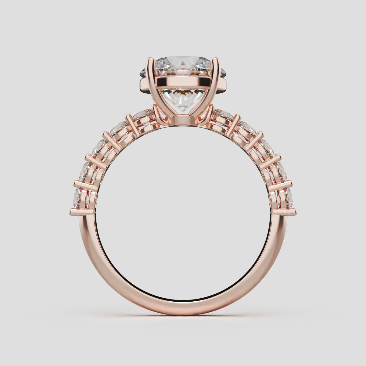 Sentiero, 2ct round lab grown diamond engagement ring, 2.5mm Side Stones, 18K rose gold - through finger