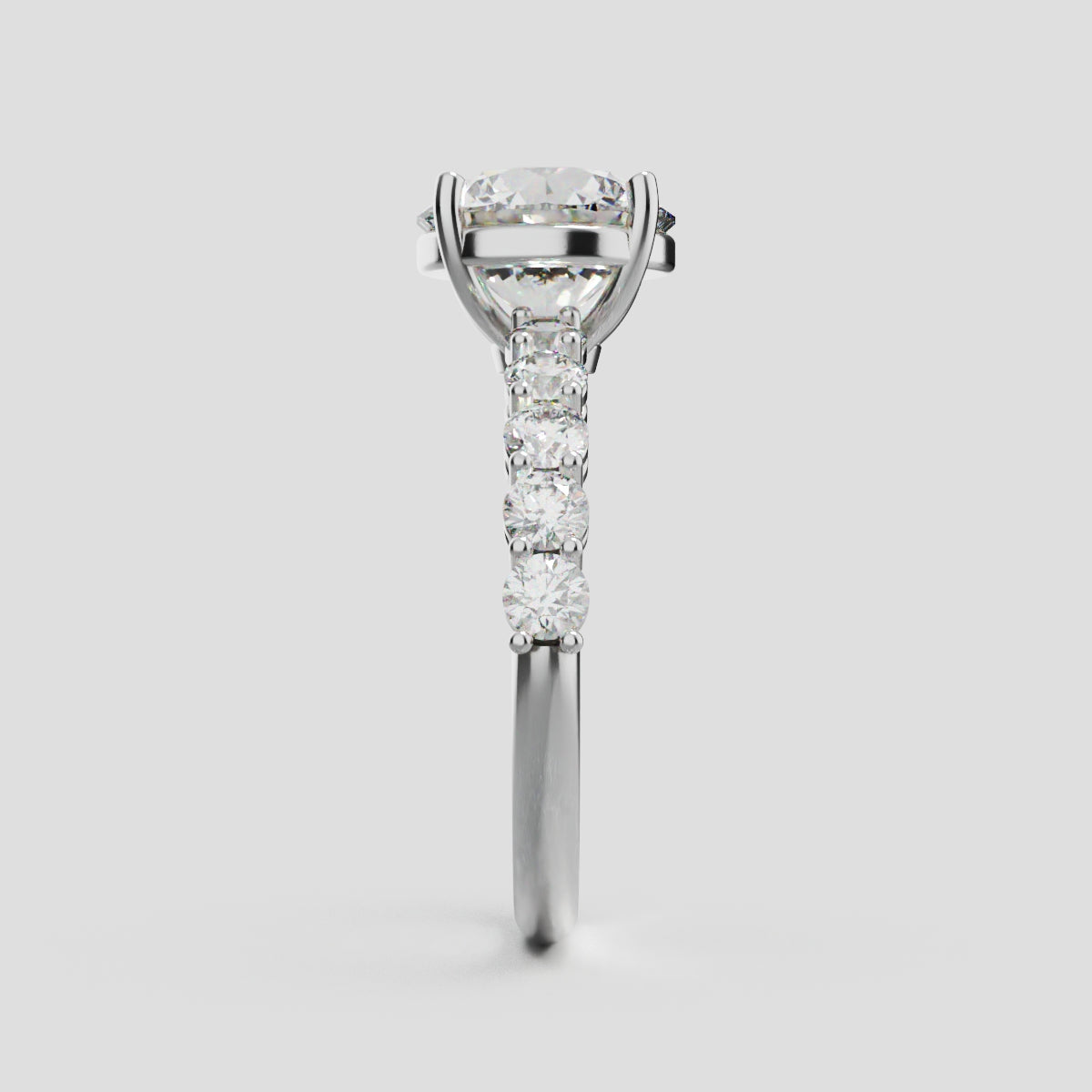 Sentiero, 2ct round lab grown diamond engagement ring, 2.5mm Side Stones, 18K white gold - side view
