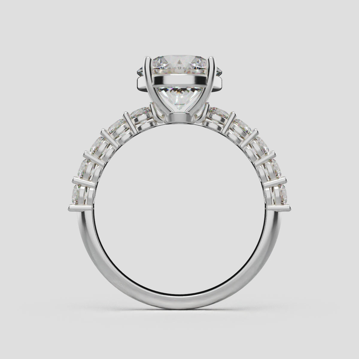 Sentiero, 2ct round lab grown diamond engagement ring, 2.5mm Side Stones, 18K white gold - through finger