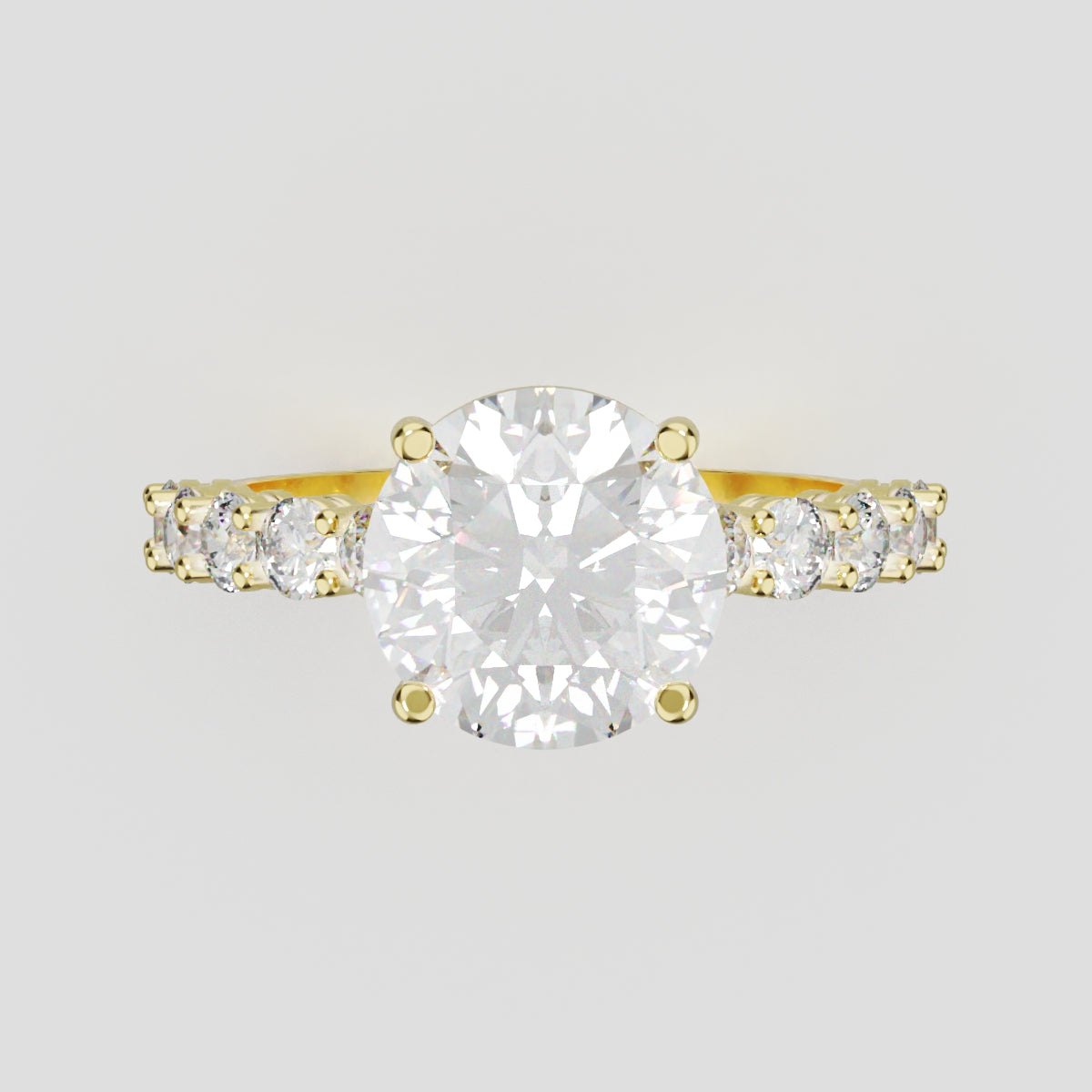 Sentiero, 2ct round lab grown diamond engagement ring, 2.5mm Side Stones, 18K yellow gold - front view