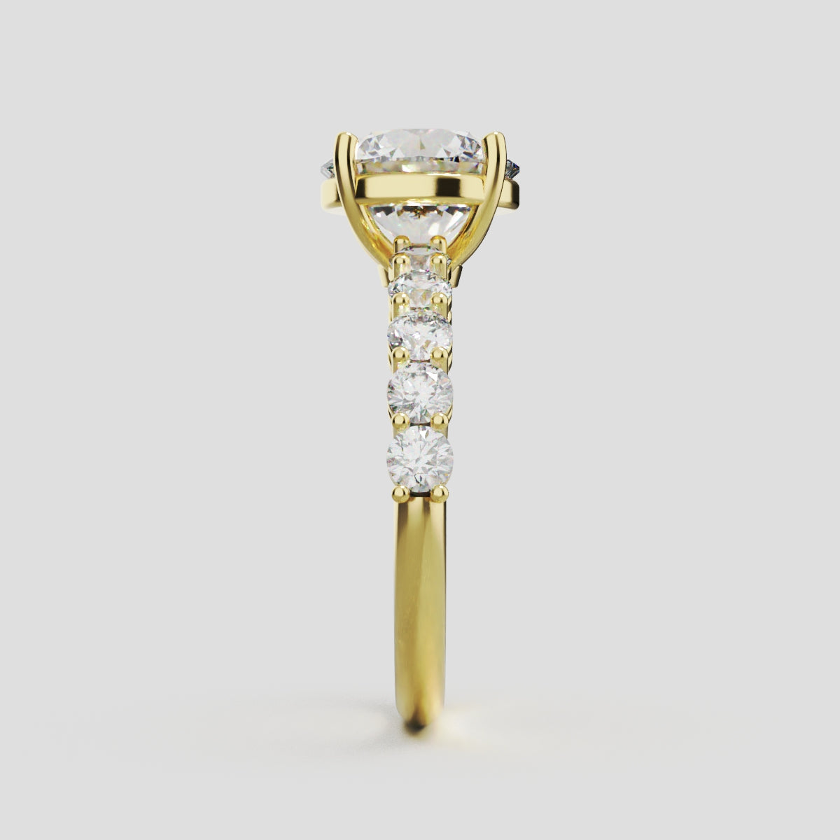 Sentiero, 2ct round lab grown diamond engagement ring, 2.5mm Side Stones, 18K yellow gold - side view