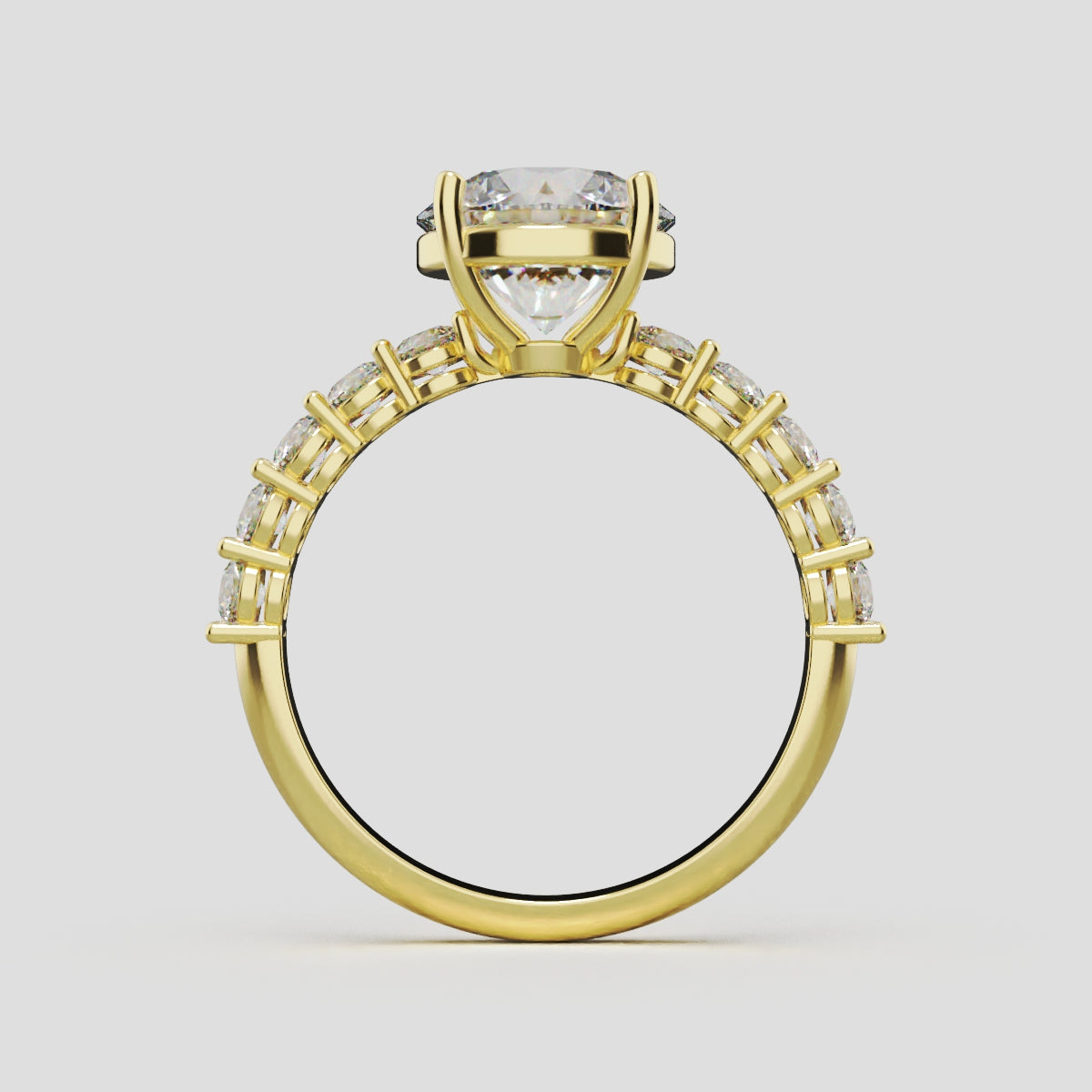 Sentiero, 2ct round lab grown diamond engagement ring, 2.5mm Side Stones, 18K yellow gold - through finger