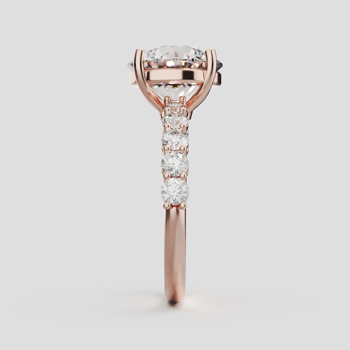 Sentiero, 3ct round lab grown diamond engagement ring, 2.5mm Side Stones, 18K rose gold - side view