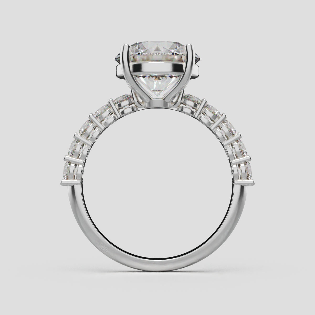 Sentiero, 3ct round lab grown diamond engagement ring, 2.5mm Side Stones, 18K white gold - through finger