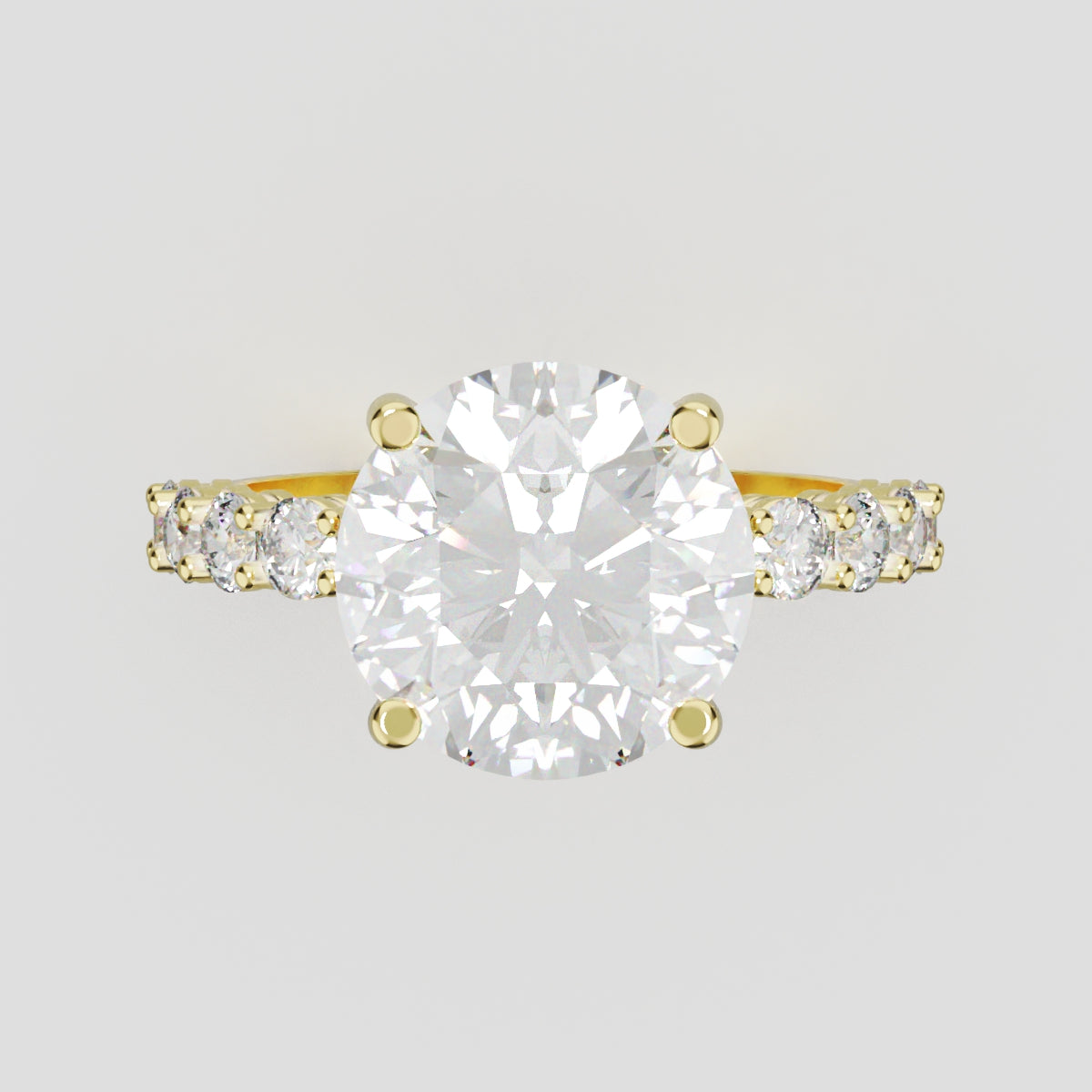 Sentiero, 3ct round lab grown diamond engagement ring, 2.5mm Side Stones, 18K yellow gold - front view