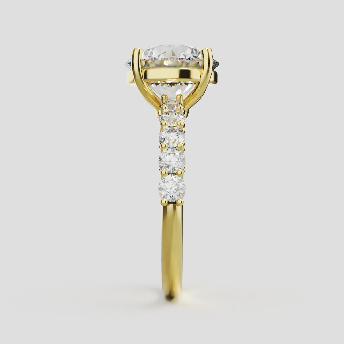 Sentiero, 3ct round lab grown diamond engagement ring, 2.5mm Side Stones, 18K yellow gold - side view