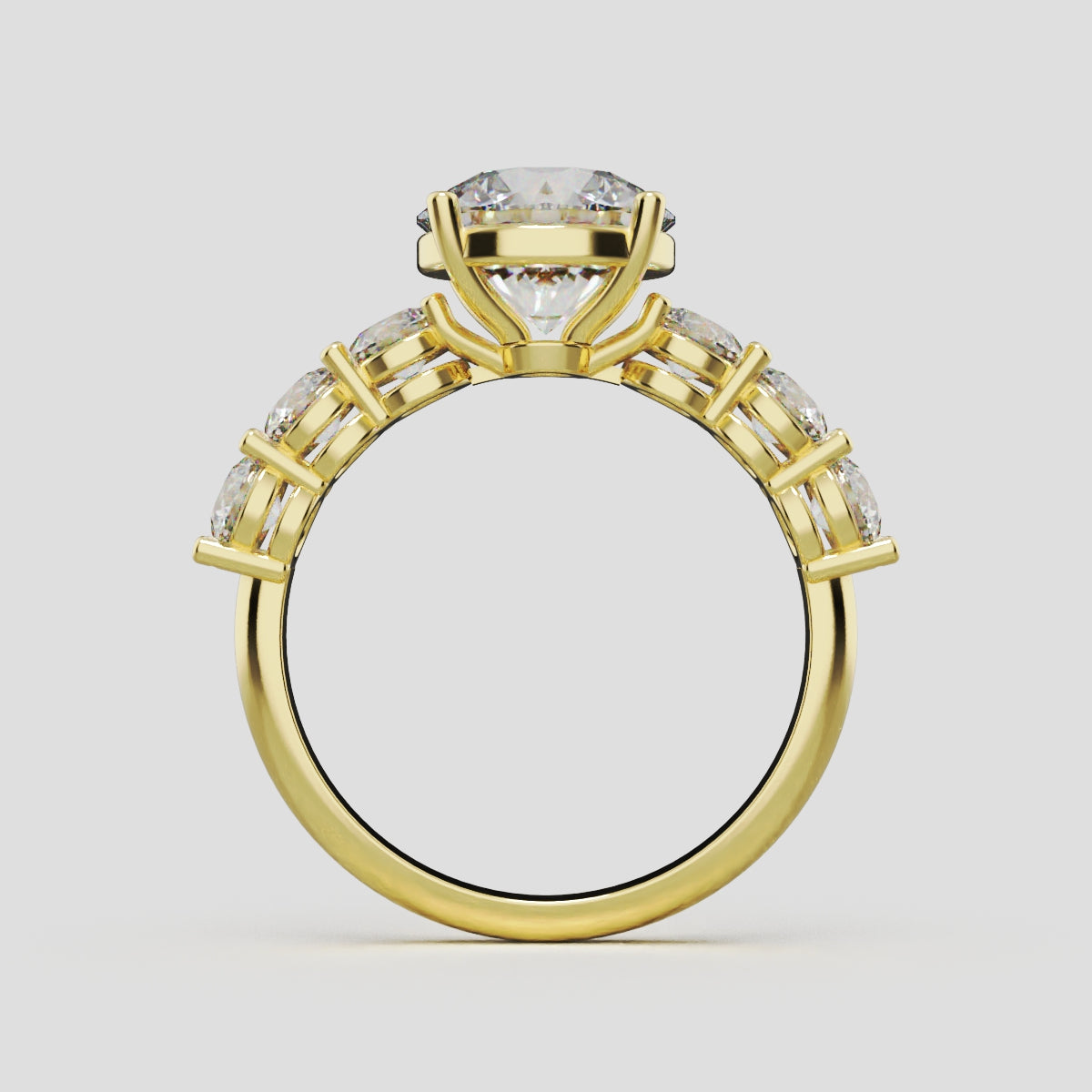 Corso, 2ct round lab grown diamond engagement ring, 3.5mm Side Stones, 18K yellow gold - through finger