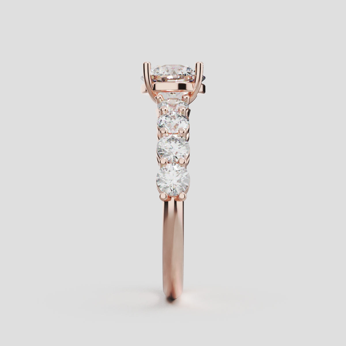 Corso, 3ct round lab grown diamond engagement ring, 3.5mm Side Stones, 18K rose gold - side view
