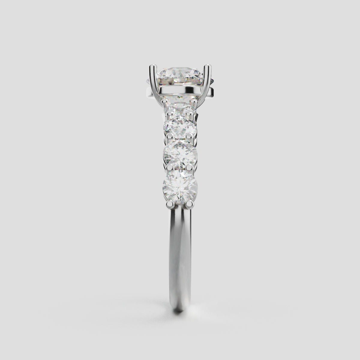 Corso, 3ct round lab grown diamond engagement ring, 3.5mm Side Stones, 18K white gold - side view