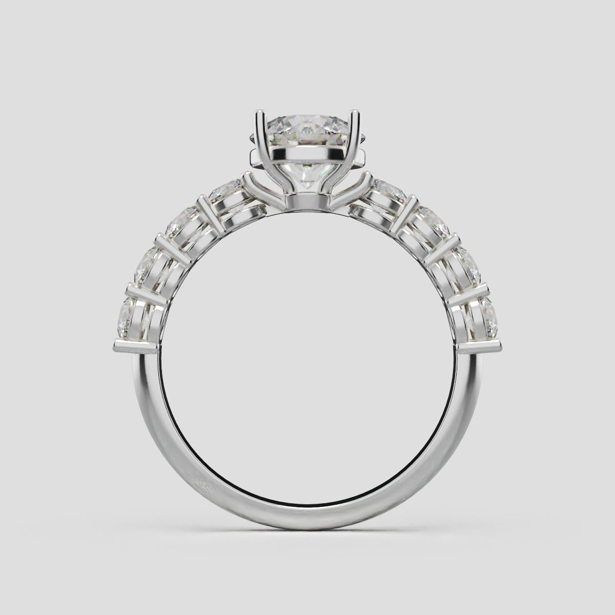 Corso, 3ct round lab grown diamond engagement ring, 3.5mm Side Stones, 18K white gold - through finger