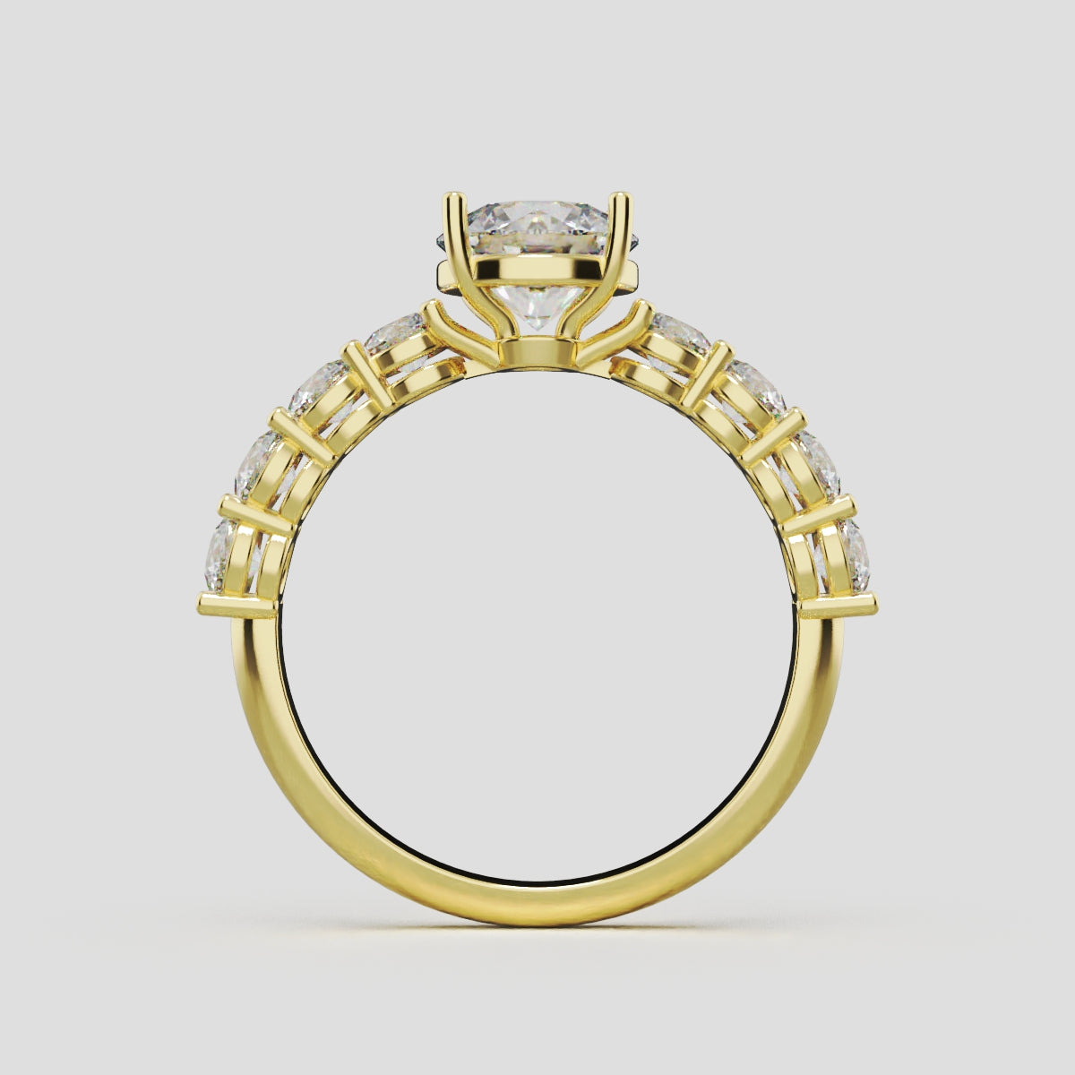 Corso, 3ct round lab grown diamond engagement ring, 3.5mm Side Stones, 18K yellow gold - through finger