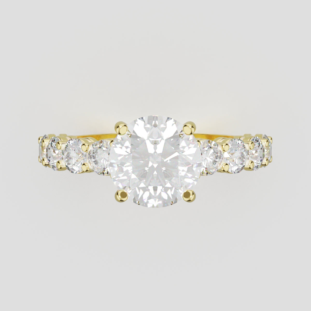 Viale, 1.5ct round lab grown diamond engagement ring, 3mm Side Stones, 18K yellow gold - front view