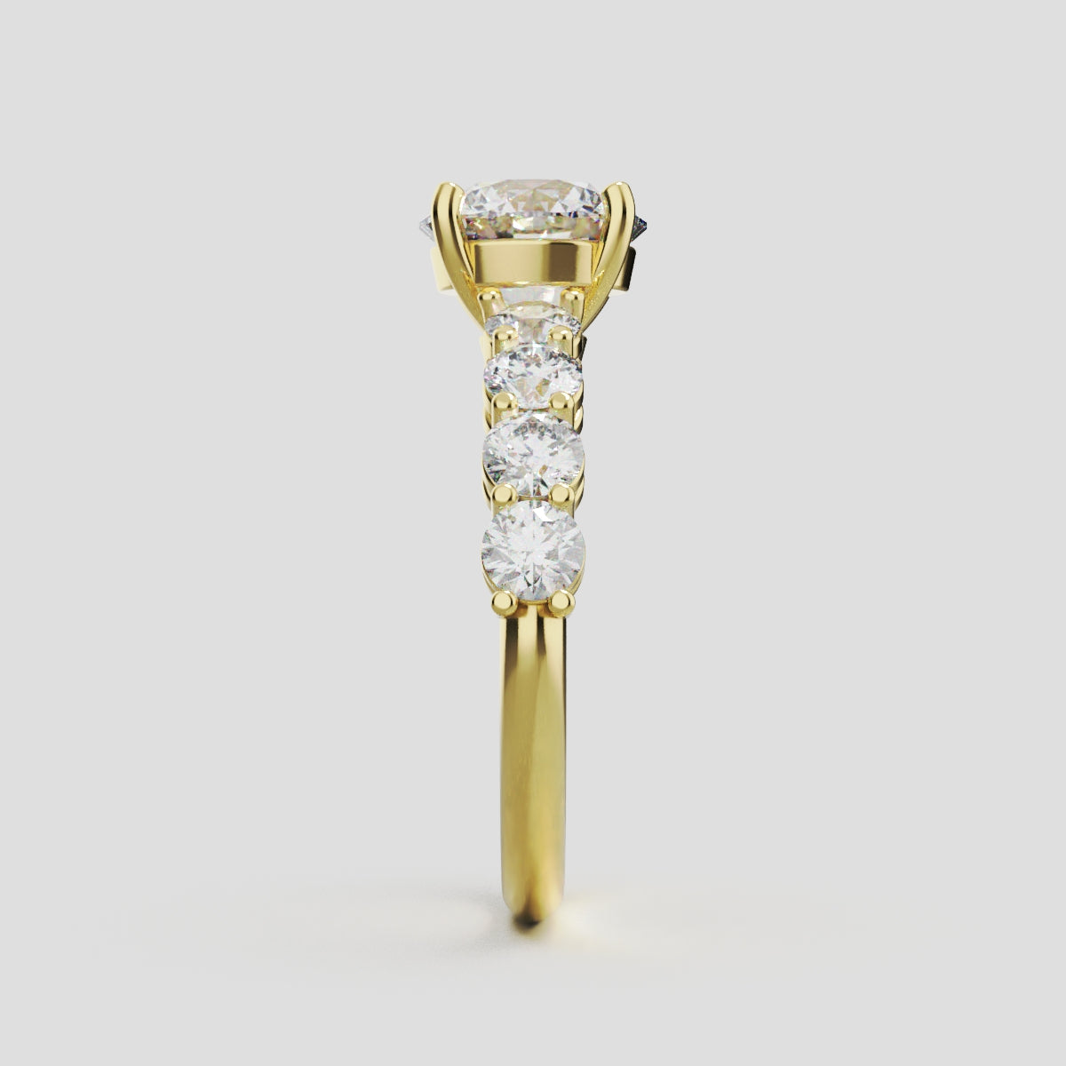 Viale, 1.5ct round lab grown diamond engagement ring, 3mm Side Stones, 18K yellow gold - side view