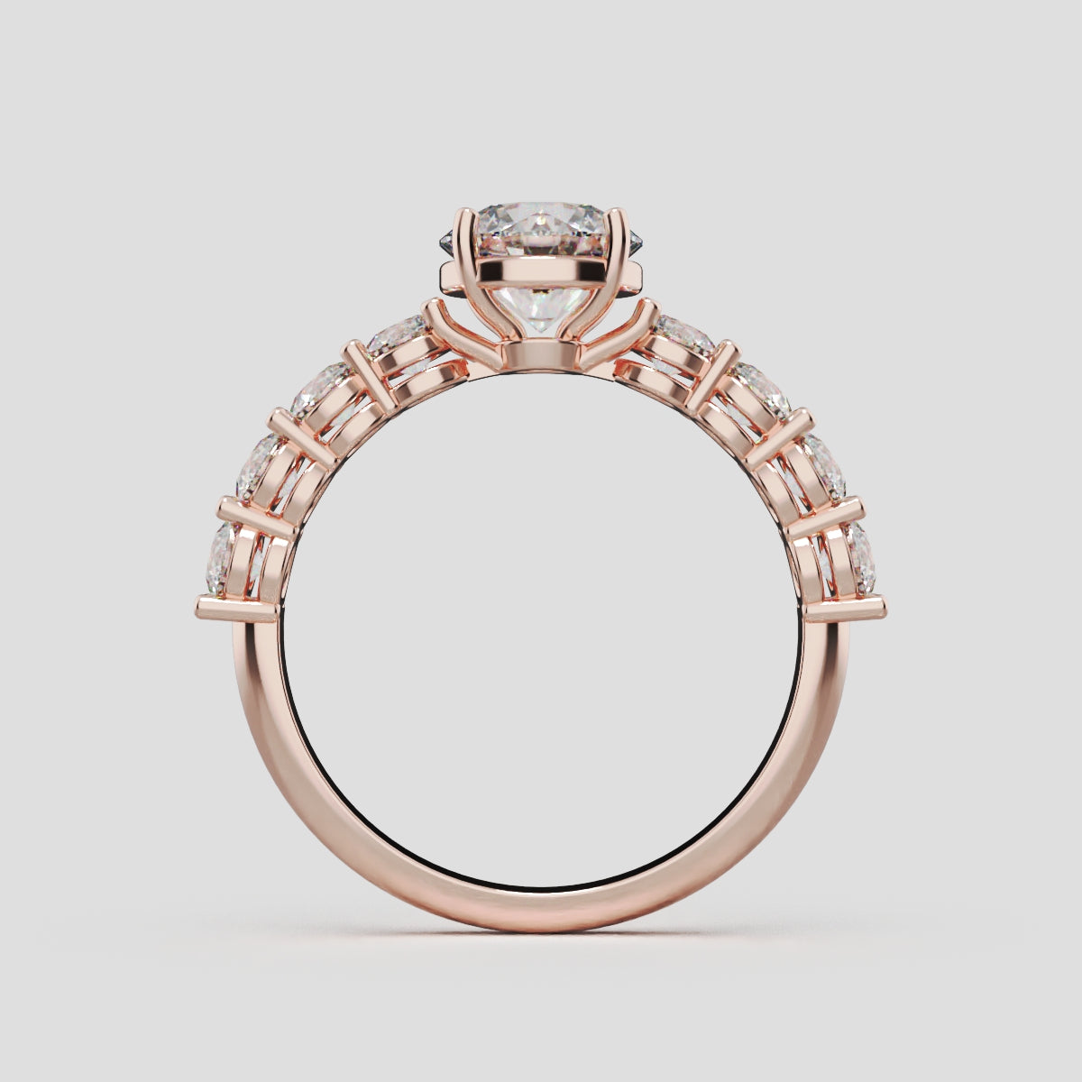 Viale, 1ct round lab grown diamond engagement ring, 3mm Side Stones, 18K rose gold - through finger