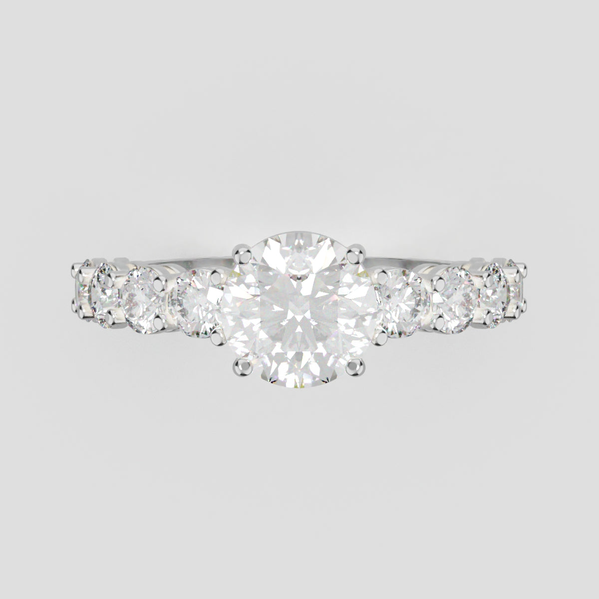 Viale, 1ct round lab grown diamond engagement ring, 3mm Side Stones, 18K white gold - front view