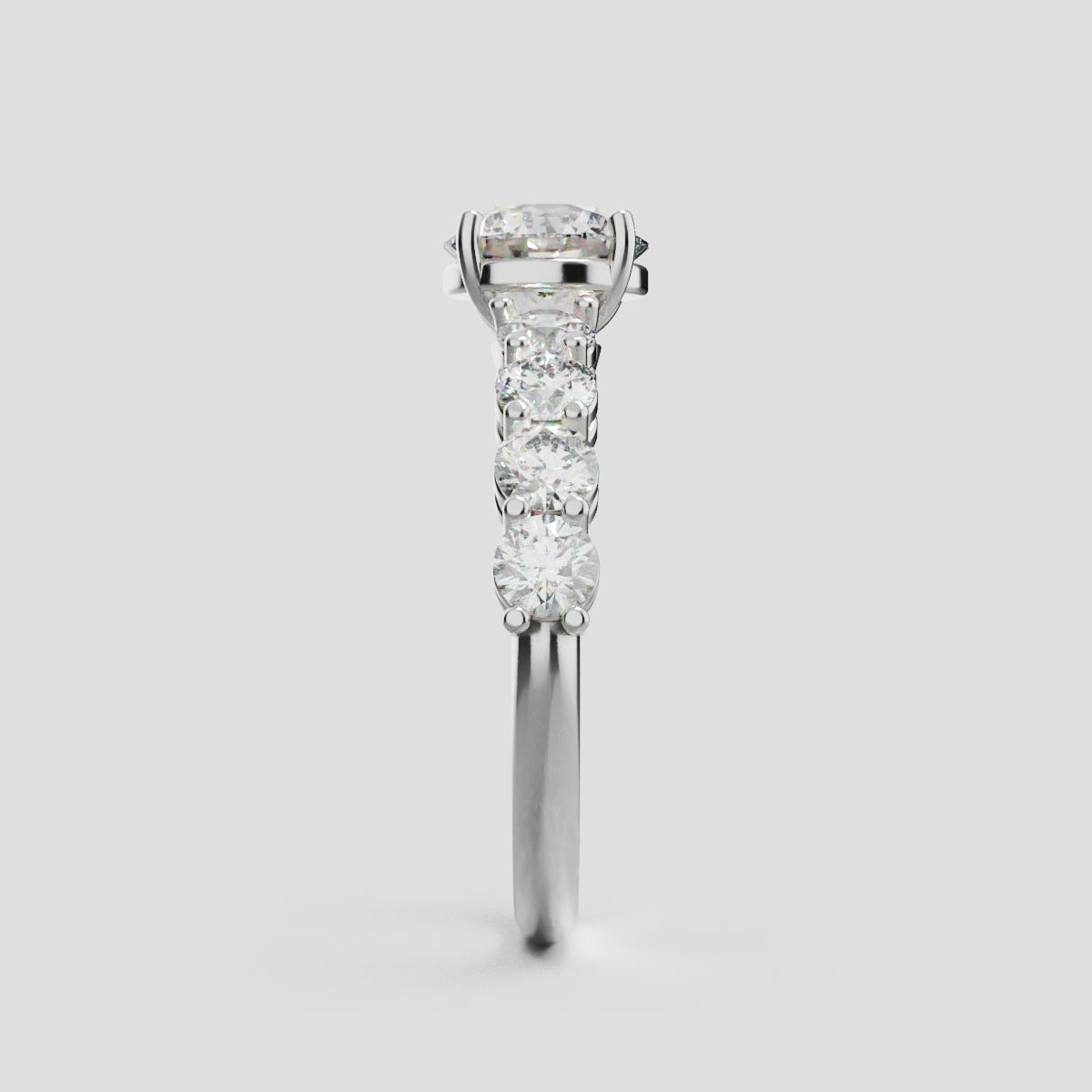 Viale, 1ct round lab grown diamond engagement ring, 3mm Side Stones, 18K white gold - side view