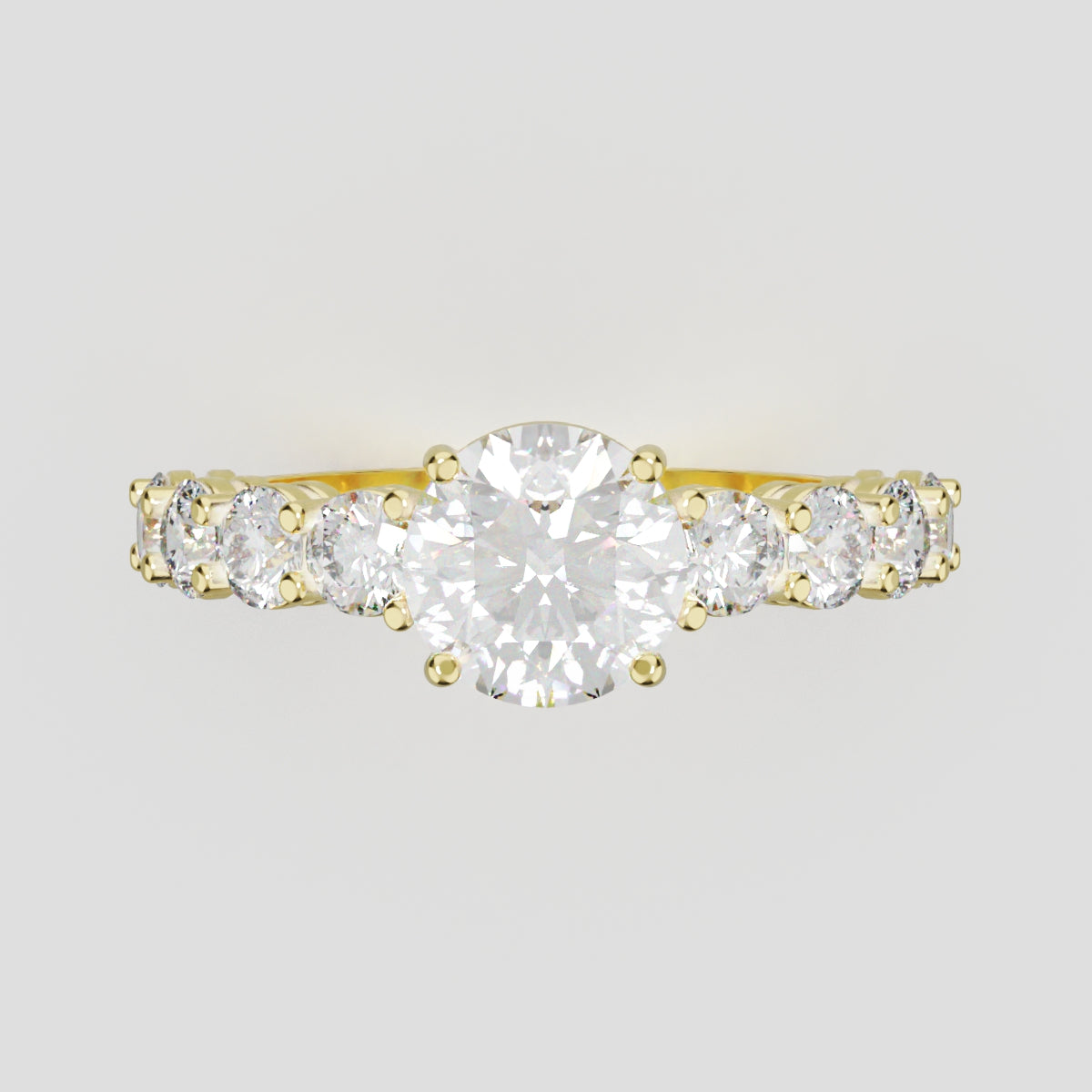 Viale, 1ct round lab grown diamond engagement ring, 3mm Side Stones, 18K yellow gold - front view