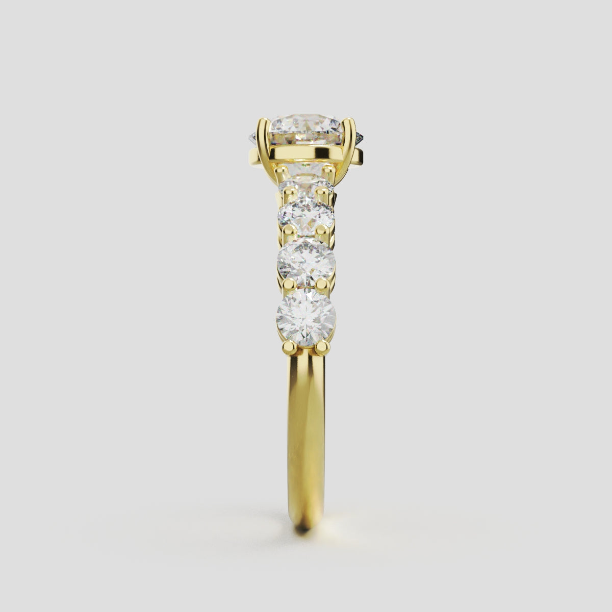 Viale, 1ct round lab grown diamond engagement ring, 3mm Side Stones, 18K yellow gold - side view