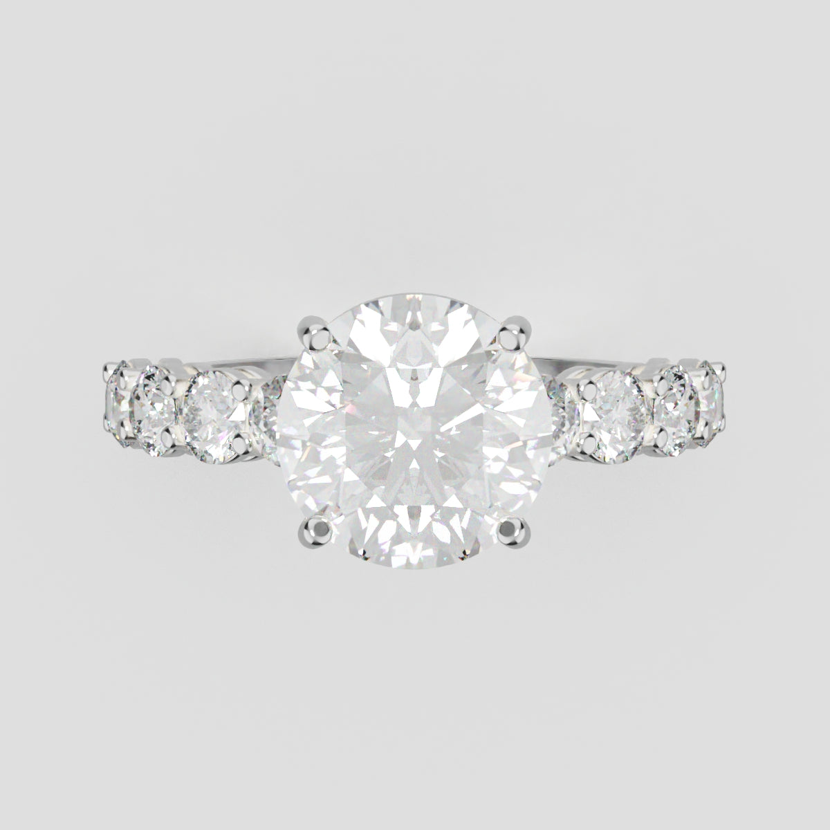 Viale, 2ct round lab grown diamond engagement ring, 3mm Side Stones, 18K white gold - front view