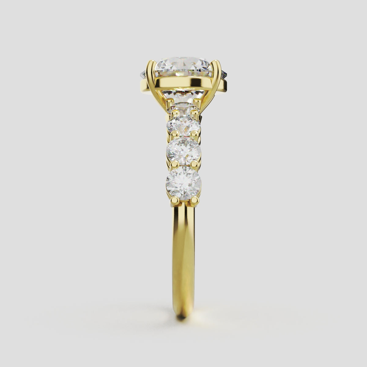 Viale, 2ct round lab grown diamond engagement ring, 3mm Side Stones, 18K yellow gold - side view