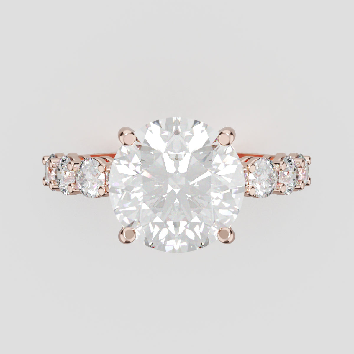Viale, 3ct round lab grown diamond engagement ring, 3mm Side Stones, 18K rose gold - front view