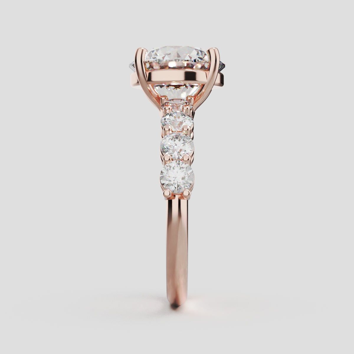 Viale, 3ct round lab grown diamond engagement ring, 3mm Side Stones, 18K rose gold - side view
