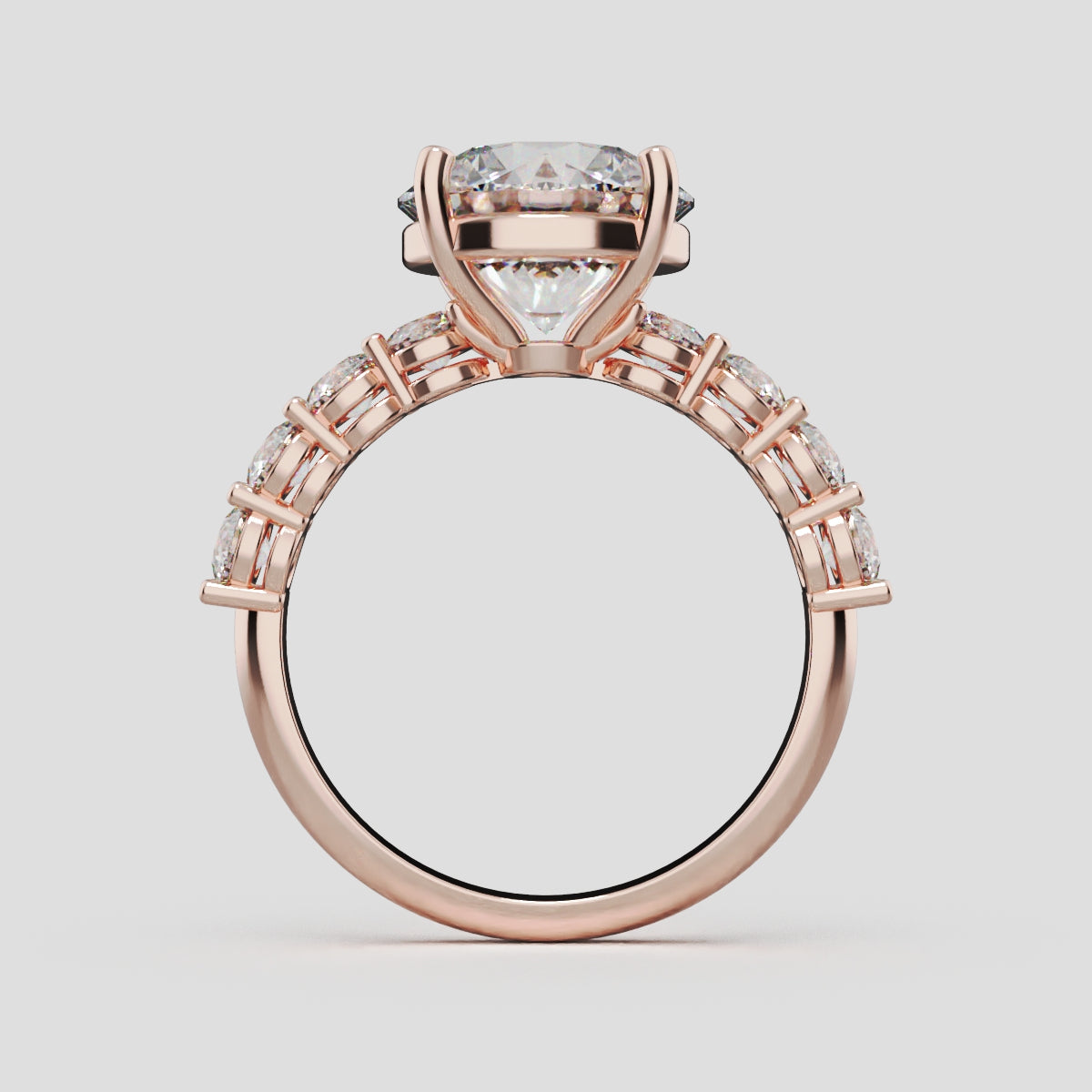 Viale, 3ct round lab grown diamond engagement ring, 3mm Side Stones, 18K rose gold - through finger