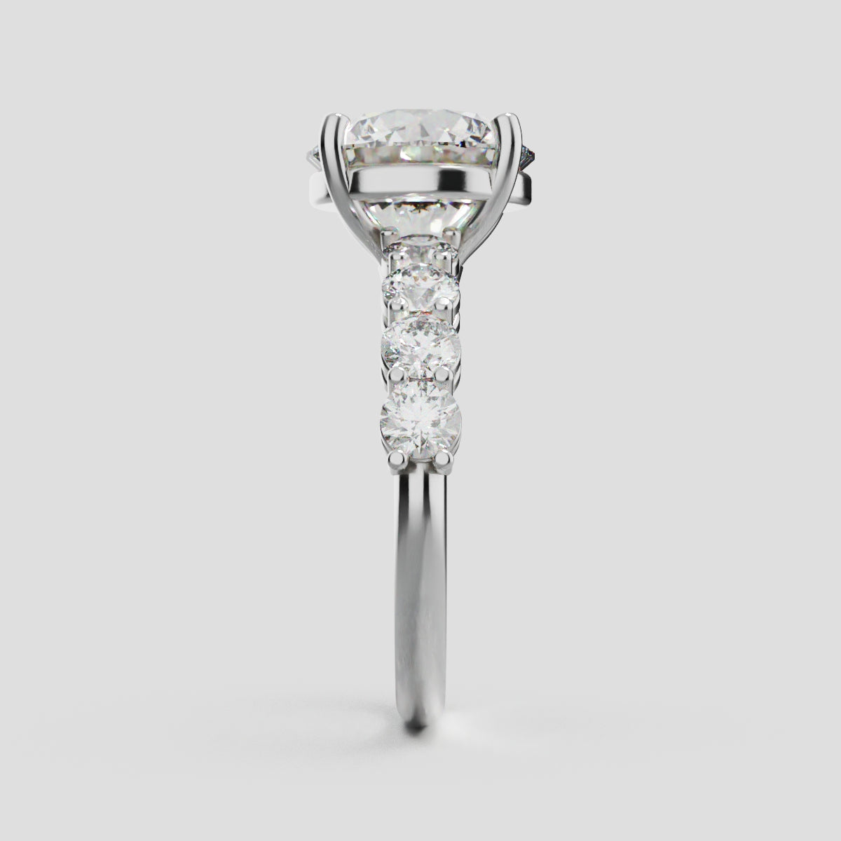 Viale, 3ct round lab grown diamond engagement ring, 3mm Side Stones, 18K white gold - side view