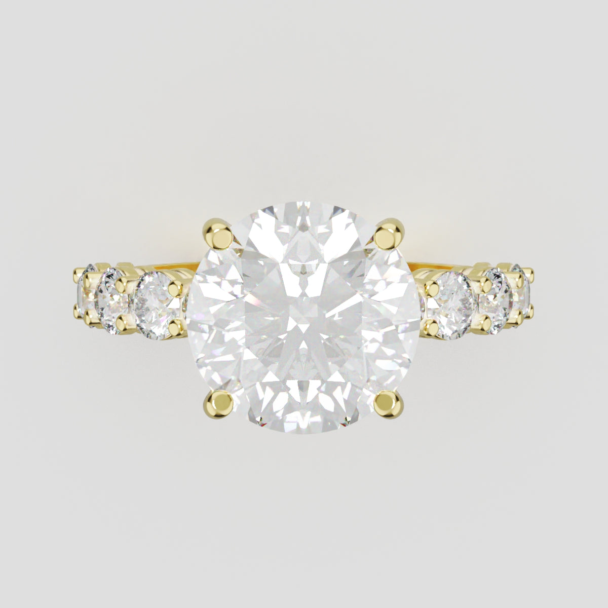 Viale, 3ct round lab grown diamond engagement ring, 3mm Side Stones, 18K yellow gold - front view