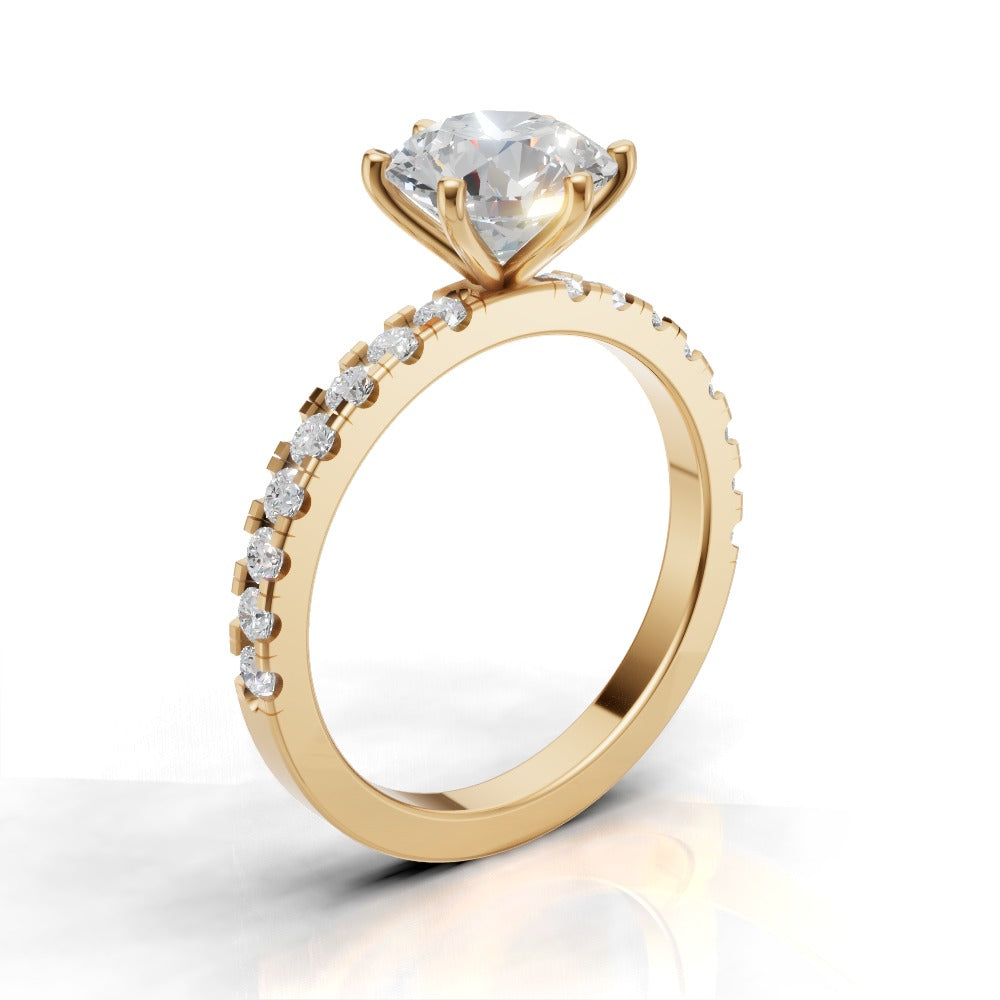 Rugiada, 1.5ct round lab grown diamond engagement ring, 1.8mm Pave, 6 Prongs, 18K yellow gold - ne