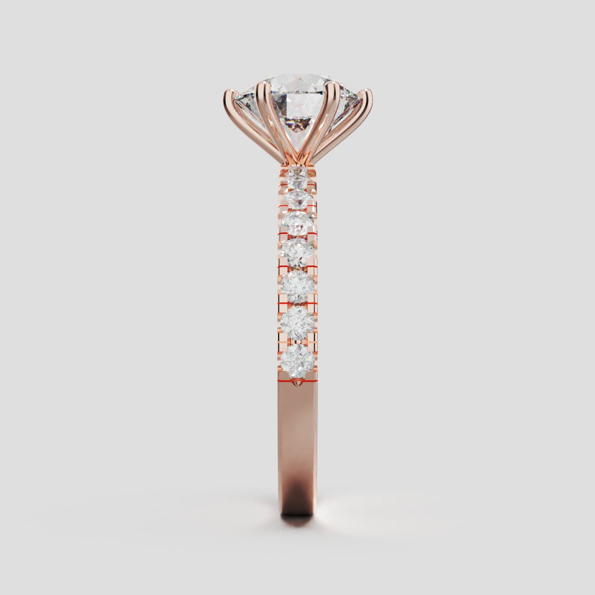 Rugiada, 1.5ct round lab grown diamond engagement ring, 1.8mm Pave, 6 Prongs, 18K rose gold - side view