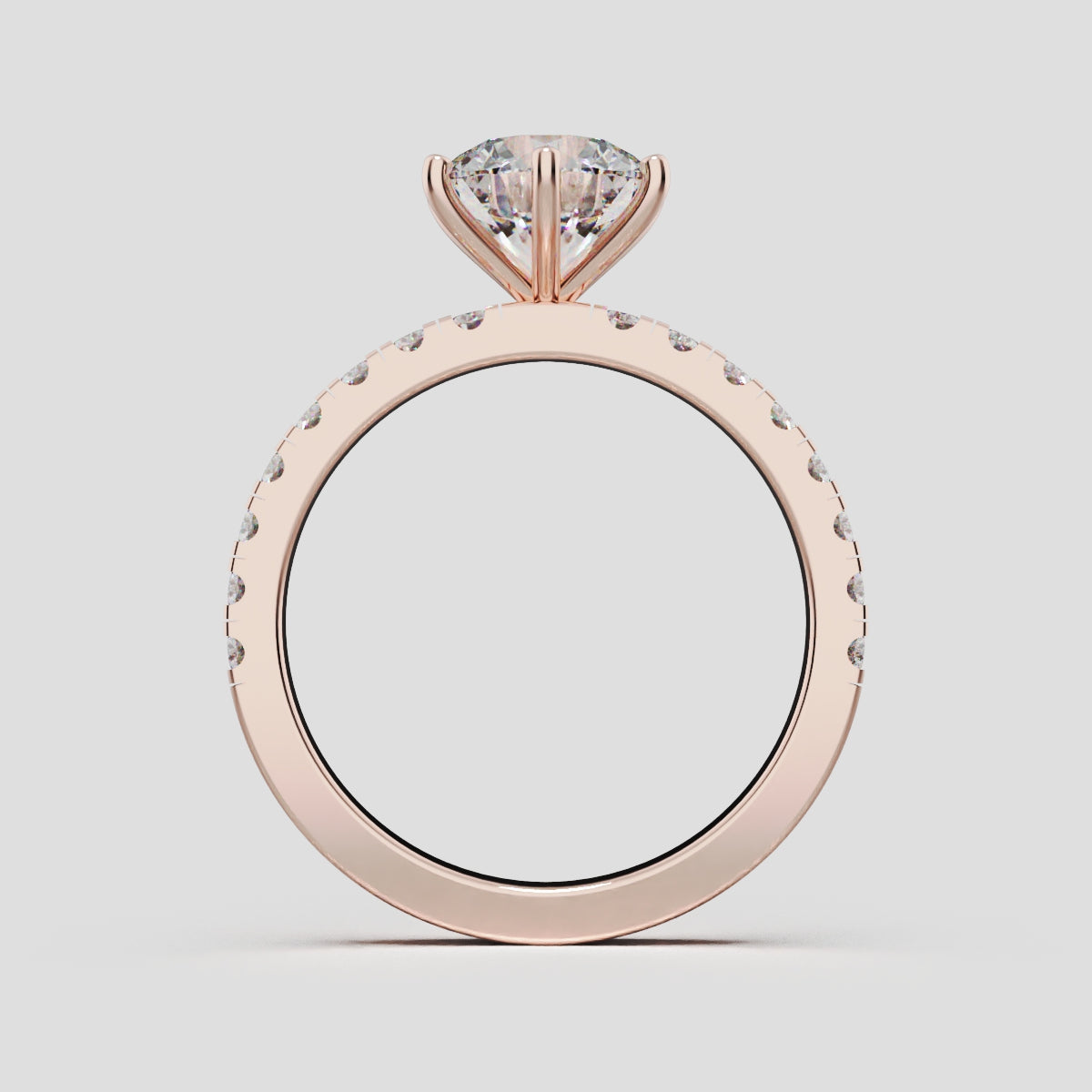 Rugiada, 1.5ct round lab grown diamond engagement ring, 1.8mm Pave, 6 Prongs, 18K rose gold - through finger