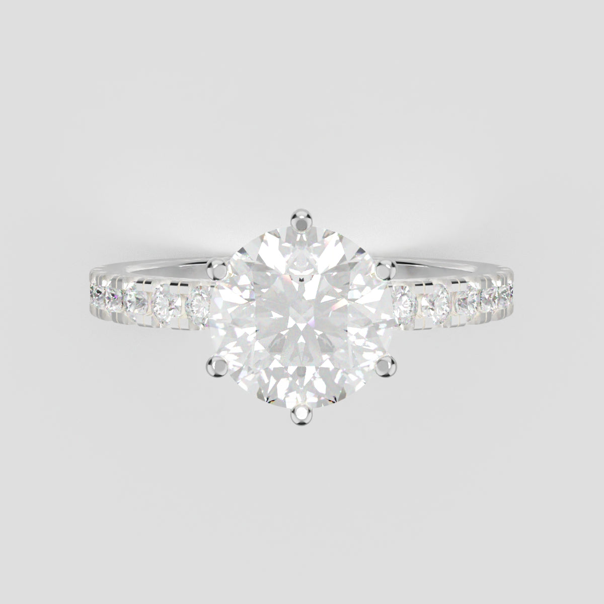 Rugiada, 1.5ct round lab grown diamond engagement ring, 1.8mm Pave, 6 Prongs, 18K white gold - front view
