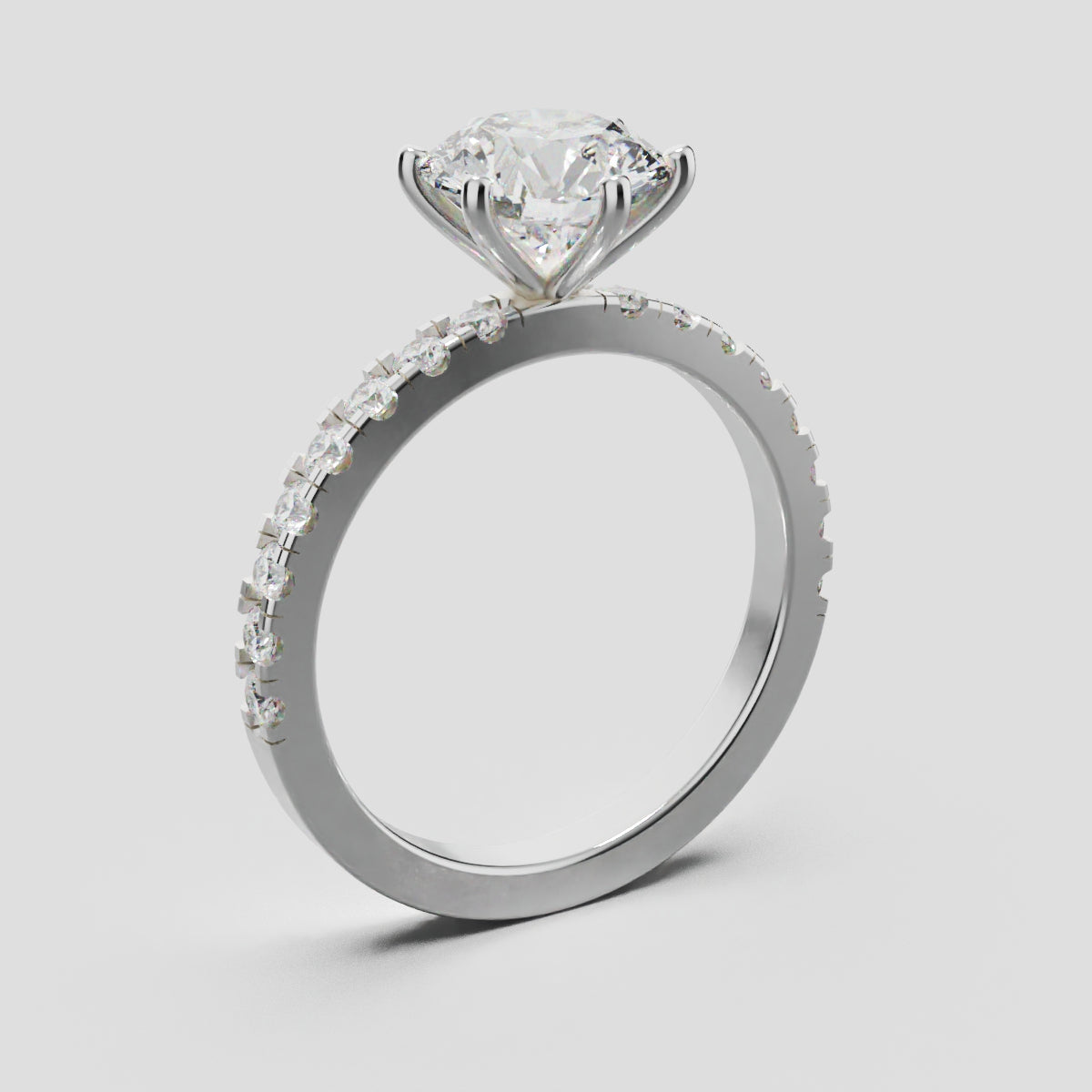 Rugiada, 1.5ct round lab grown diamond engagement ring, 1.8mm Pave, 6 Prongs, 18K white gold - ne