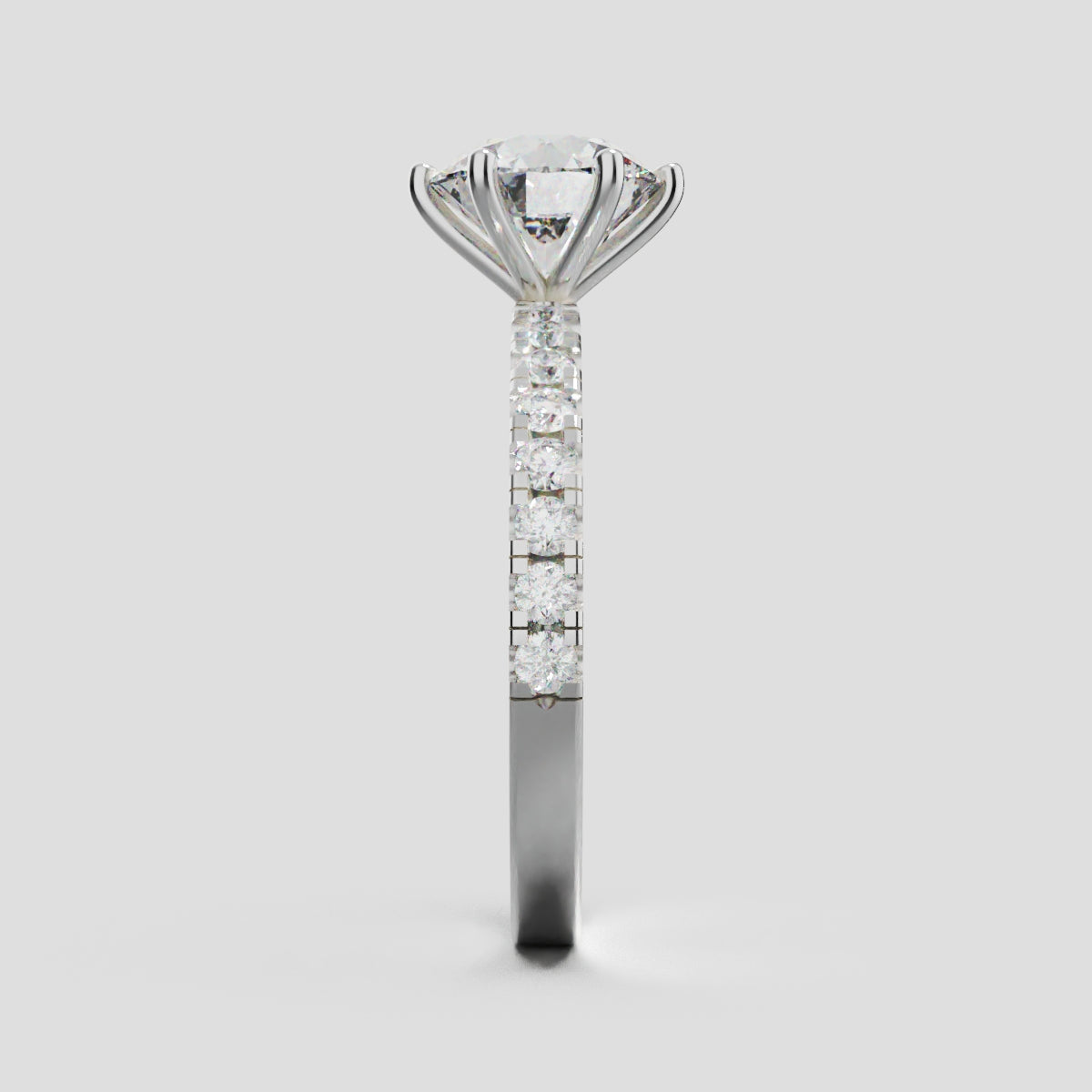 Rugiada, 1.5ct round lab grown diamond engagement ring, 1.8mm Pave, 6 Prongs, 18K white gold - side view