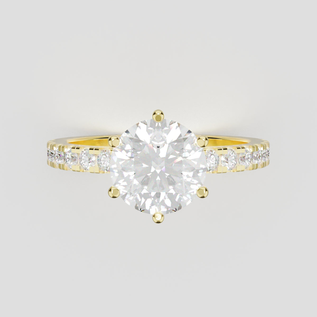 Rugiada, 1.5ct round lab grown diamond engagement ring, 1.8mm Pave, 6 Prongs, 18K yellow gold - front view