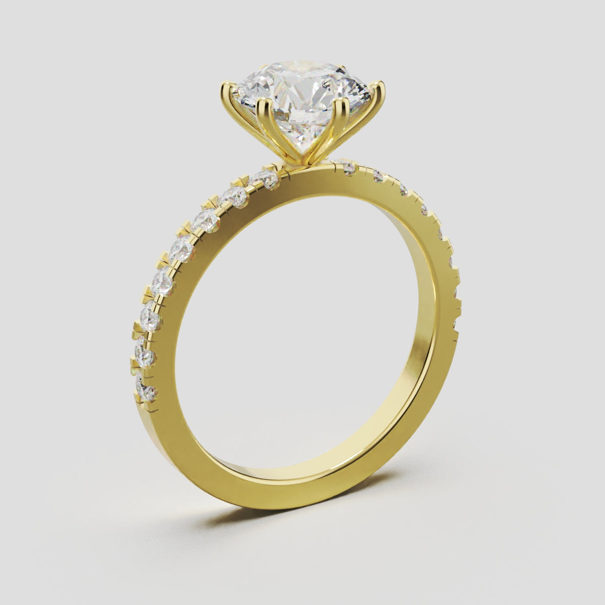 Rugiada, 1.5ct round lab grown diamond engagement ring, 1.8mm Pave, 6 Prongs, 18K yellow gold - ne