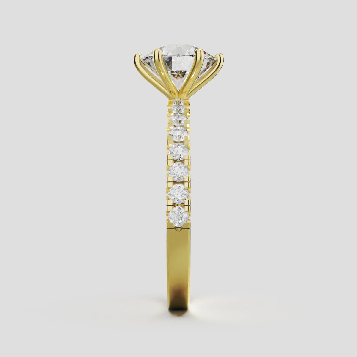 Rugiada, 1.5ct round lab grown diamond engagement ring, 1.8mm Pave, 6 Prongs, 18K yellow gold - side view