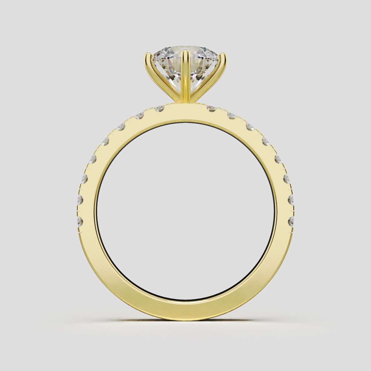 Rugiada, 1.5ct round lab grown diamond engagement ring, 1.8mm Pave, 6 Prongs, 18K yellow gold - through finger