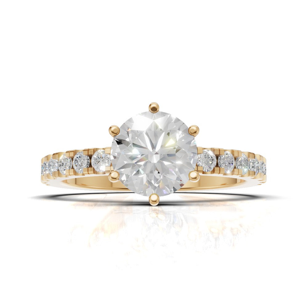 Rugiada, 1ct round lab grown diamond engagement ring, 1.8mm Pave, 6 Prongs, 18K yellow gold - view 4