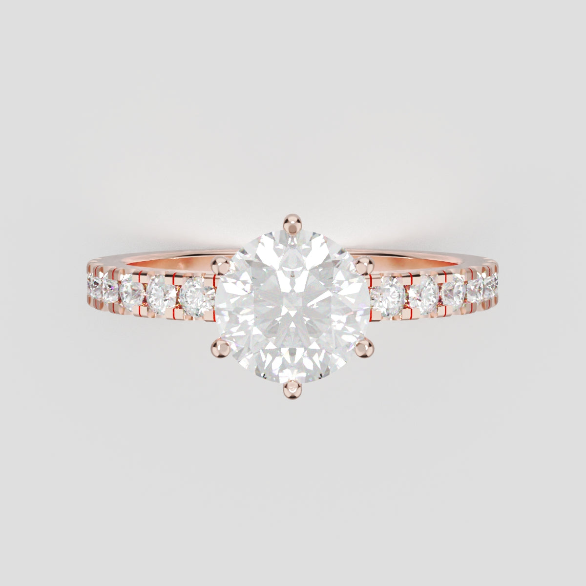 Rugiada, 1ct round lab grown diamond engagement ring, 1.8mm Pave, 6 Prongs, 18K rose gold - front view