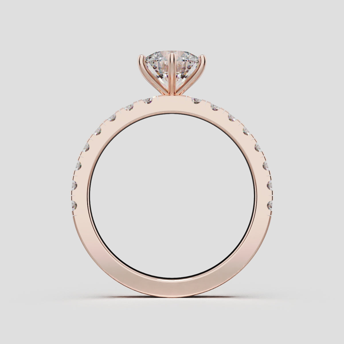 Rugiada, 1ct round lab grown diamond engagement ring, 1.8mm Pave, 6 Prongs, 18K rose gold - through finger