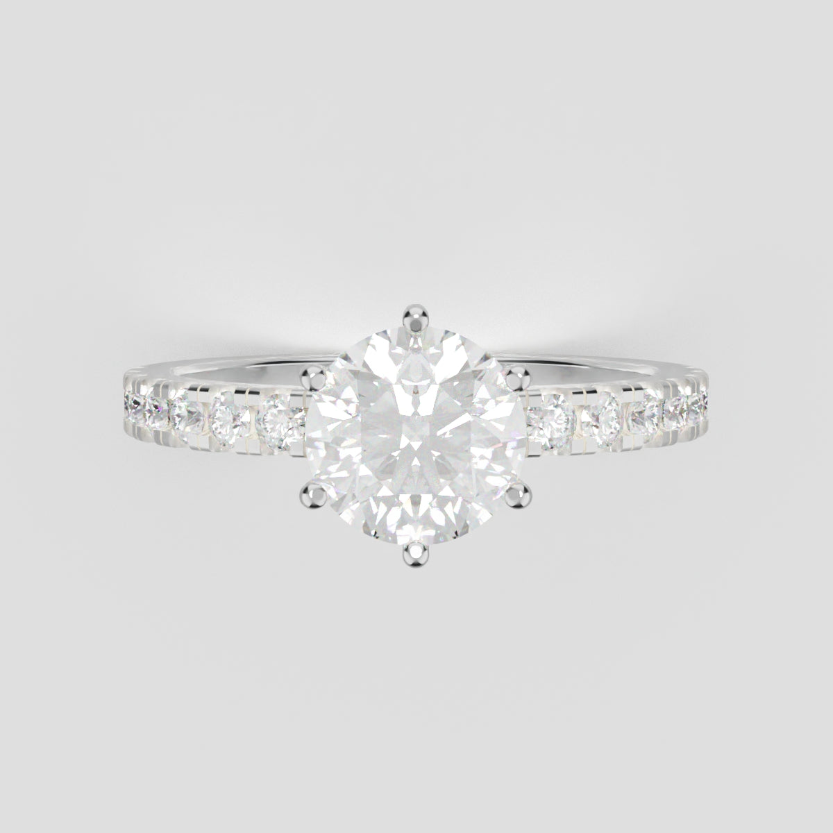 Rugiada, 1ct round lab grown diamond engagement ring, 1.8mm Pave, 6 Prongs, 18K white gold - front view