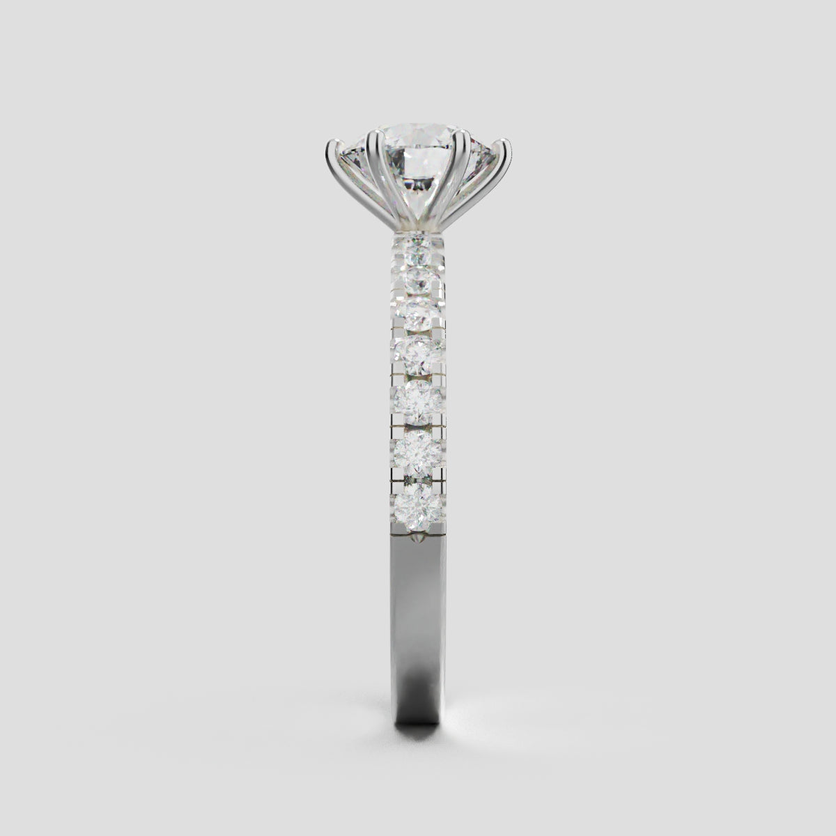 Rugiada, 1ct round lab grown diamond engagement ring, 1.8mm Pave, 6 Prongs, 18K white gold - side view