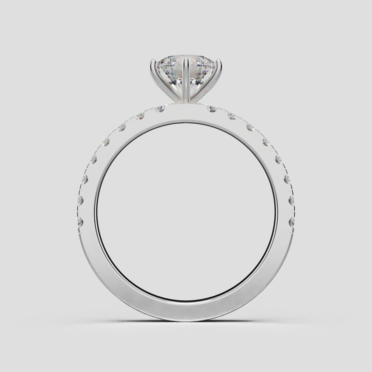 Rugiada, 1ct round lab grown diamond engagement ring, 1.8mm Pave, 6 Prongs, 18K white gold - through finger