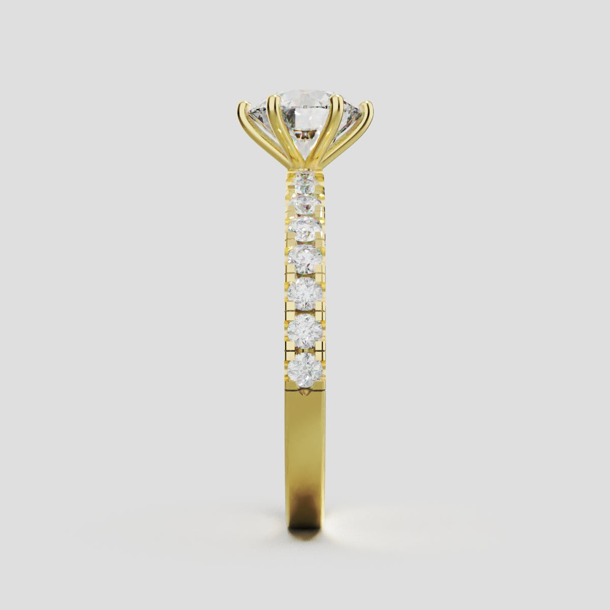 Rugiada, 1ct round lab grown diamond engagement ring, 1.8mm Pave, 6 Prongs, 18K yellow gold - side view